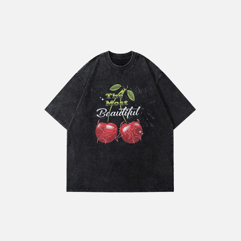 Front view of the black Vintage Cherry Fruit Graphic T-shirt in a gray background