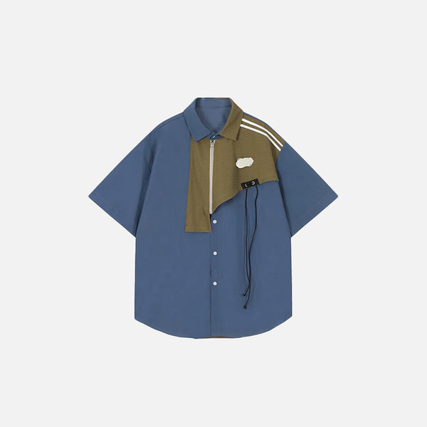 Front view of the blue Y2k Loose Patchwork Shirt in a gray background