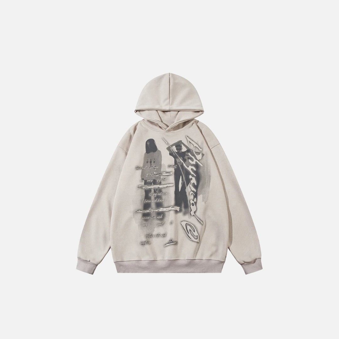 Front view of the beige Y2K Mystic Shadows Hoodie in a gray background