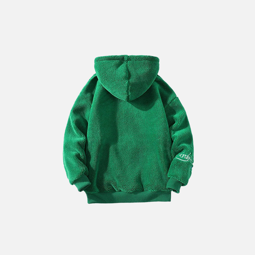 Back view of the green Loose Fluffy Fleece Hoodie in a gray background