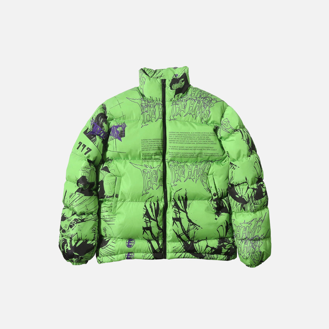 Front view of the green Chaos Graphic Puffer Jacket in a gray background