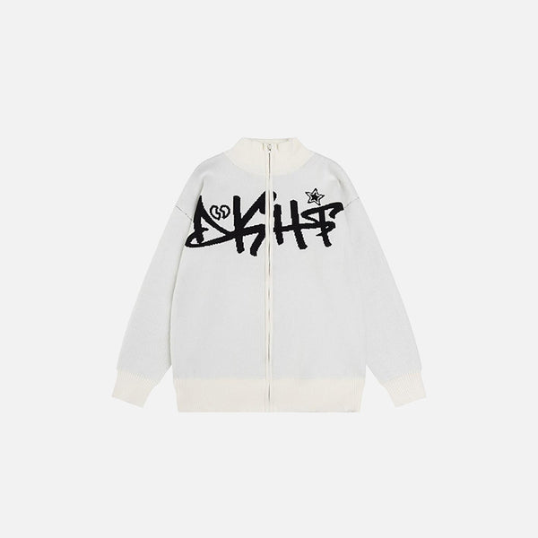 Front view of the white DSHFT Graffiti Zip-Up Sweater in a gray background