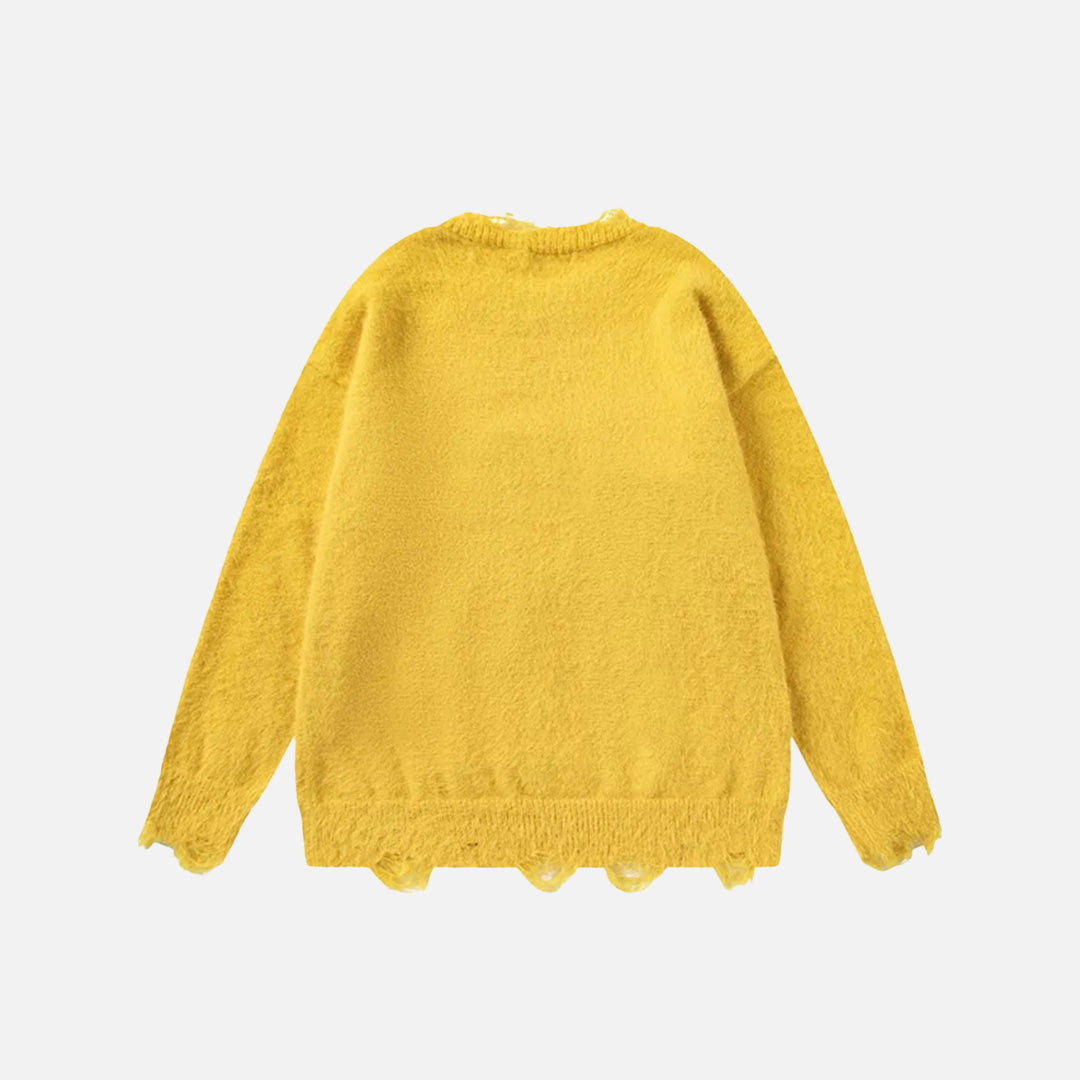 Back view of the yellow Black Cat Sweater in a gray background