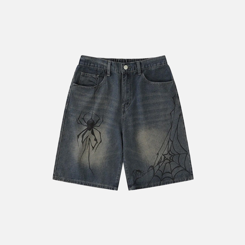 Front view of the blue Y2K Vintage Spider Graphic Shorts in a gray background