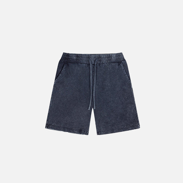 Front view of the royal blue Vintage Washed Distressed Sport Shorts in a gray background