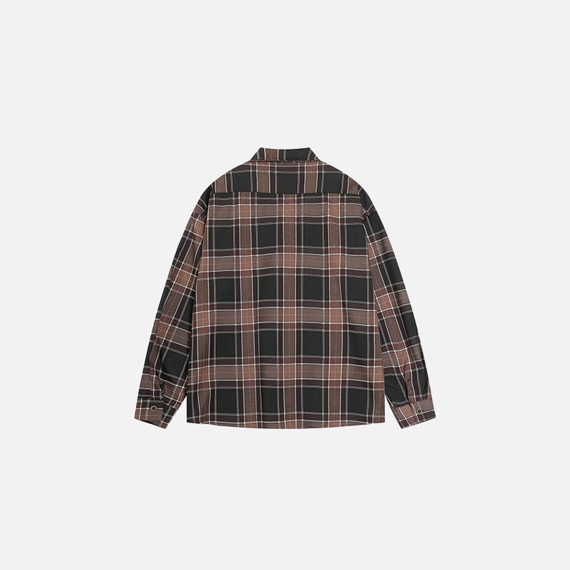 Back view of the brown Embroidered Plaid Shirt in a gray background