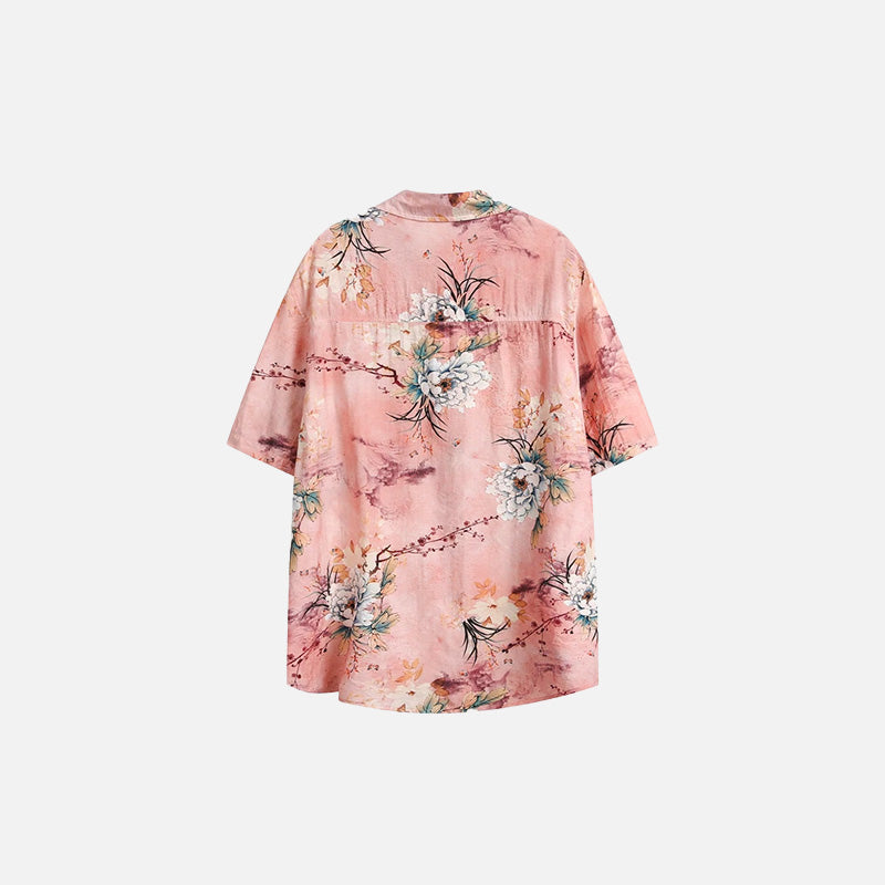 Back view of the pink Women's Floral Elegant Shirt in a gray background