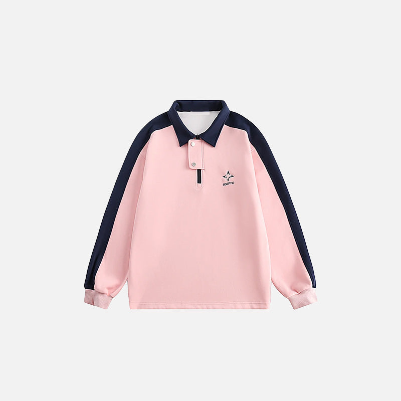 Front view of the pink Racing Embroidery Long-sleeved Shirt in a gray background