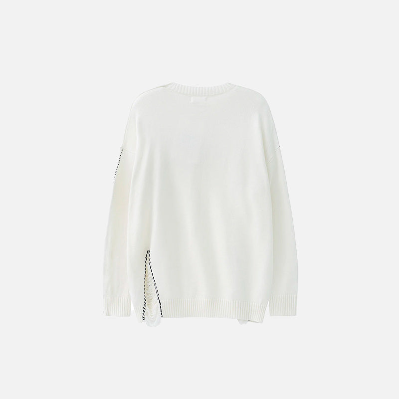 Back view of the white Loose Knitted Ripped Sweater in a gray background