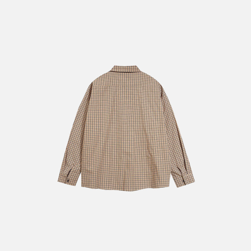 Back view of the khaki Characters Checkered Shirt in a gray background