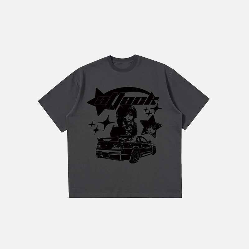 Front view of the gray Y2k Car Printed Women's T-shirt in a gray background