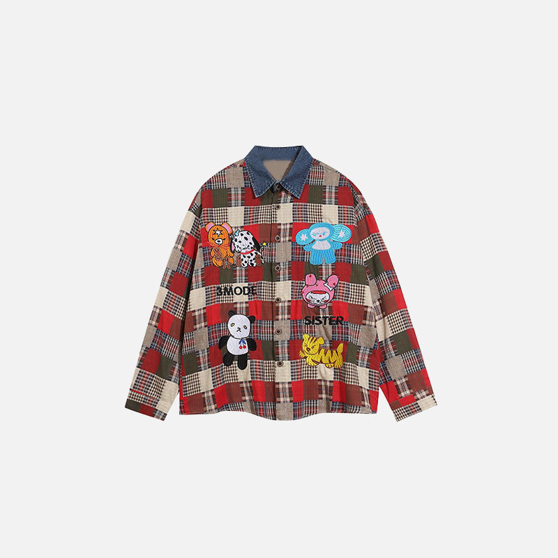 Front view of the red Patchwork Plush Shirt in a gray background