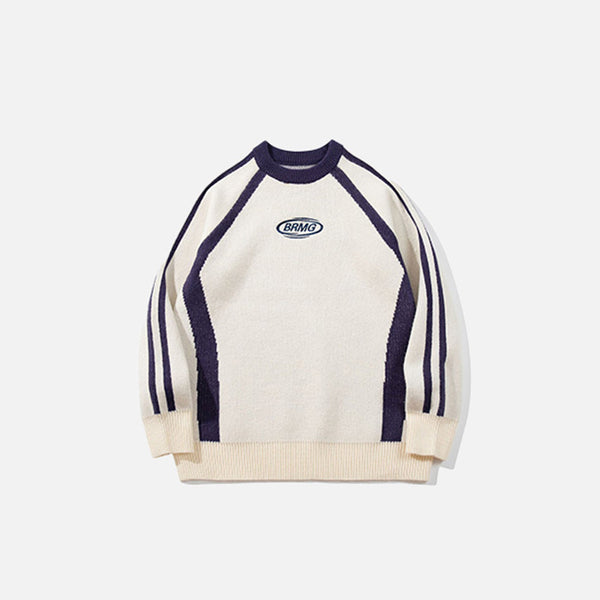 Front view of the apricot Retro Striped Sweater in a gray background