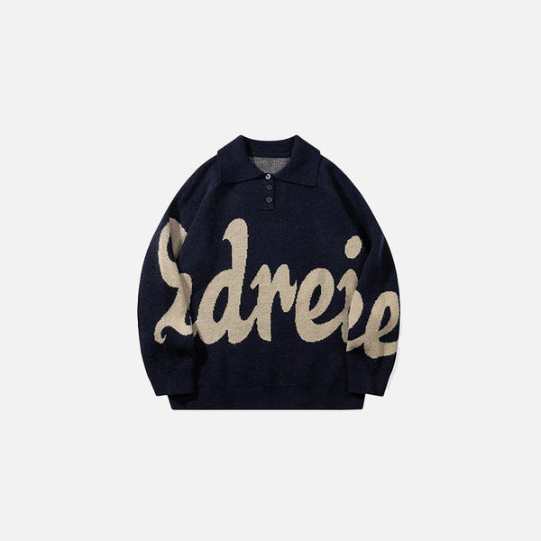 Front view of the navy blue Bold Script Polo Sweater in a gray background