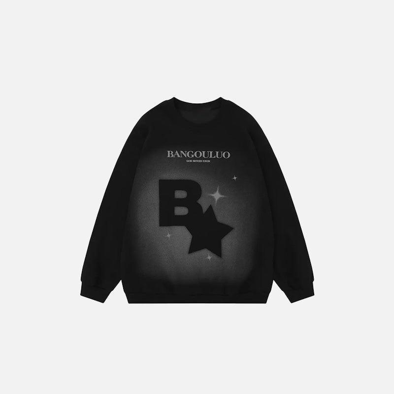 Front view of the black Y2k Star Print Sweatshirt in a gray background