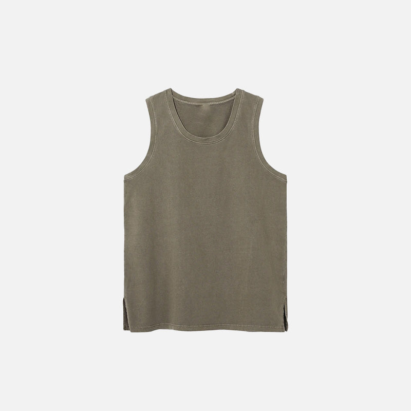 Front view of the brown Side Slit Unisex Sleeveless T-shirt in a gray background 