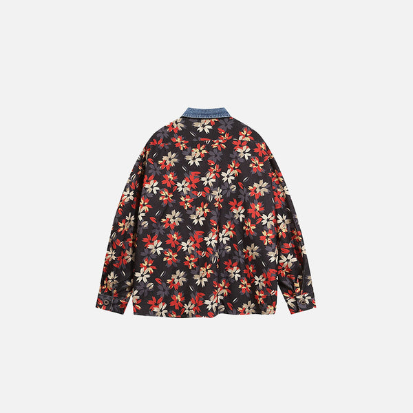 Front view of the red Cyclist Floral Patterned Shirt in a gray background