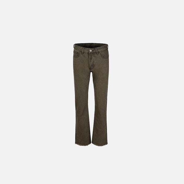 Front view of the green Retro Flared Jeans in a gray background