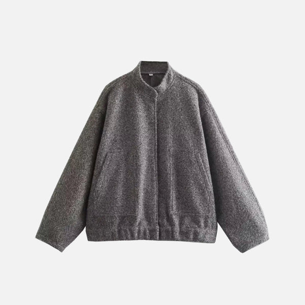 Front view of the gray Oversized Fleece Bomber Jacket in a gray background