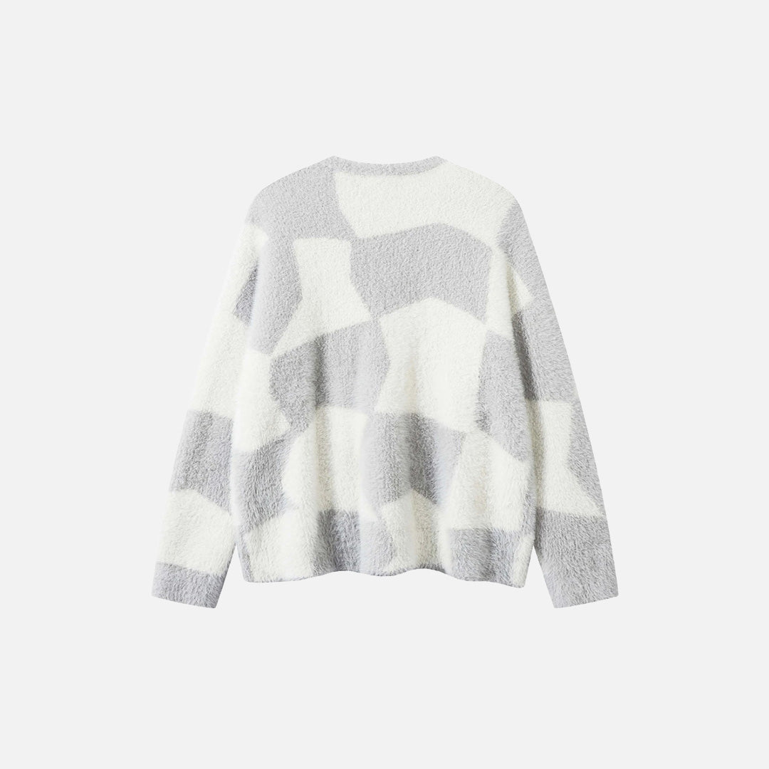 Back vew of the beige Y2K Abstract Grid Knitted Sweater in a gray background