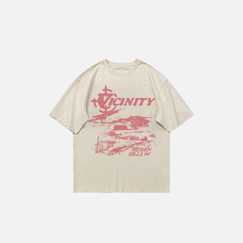 Front view of the beige Vicinity Hidden Hills 94 T-shirt in a gray background