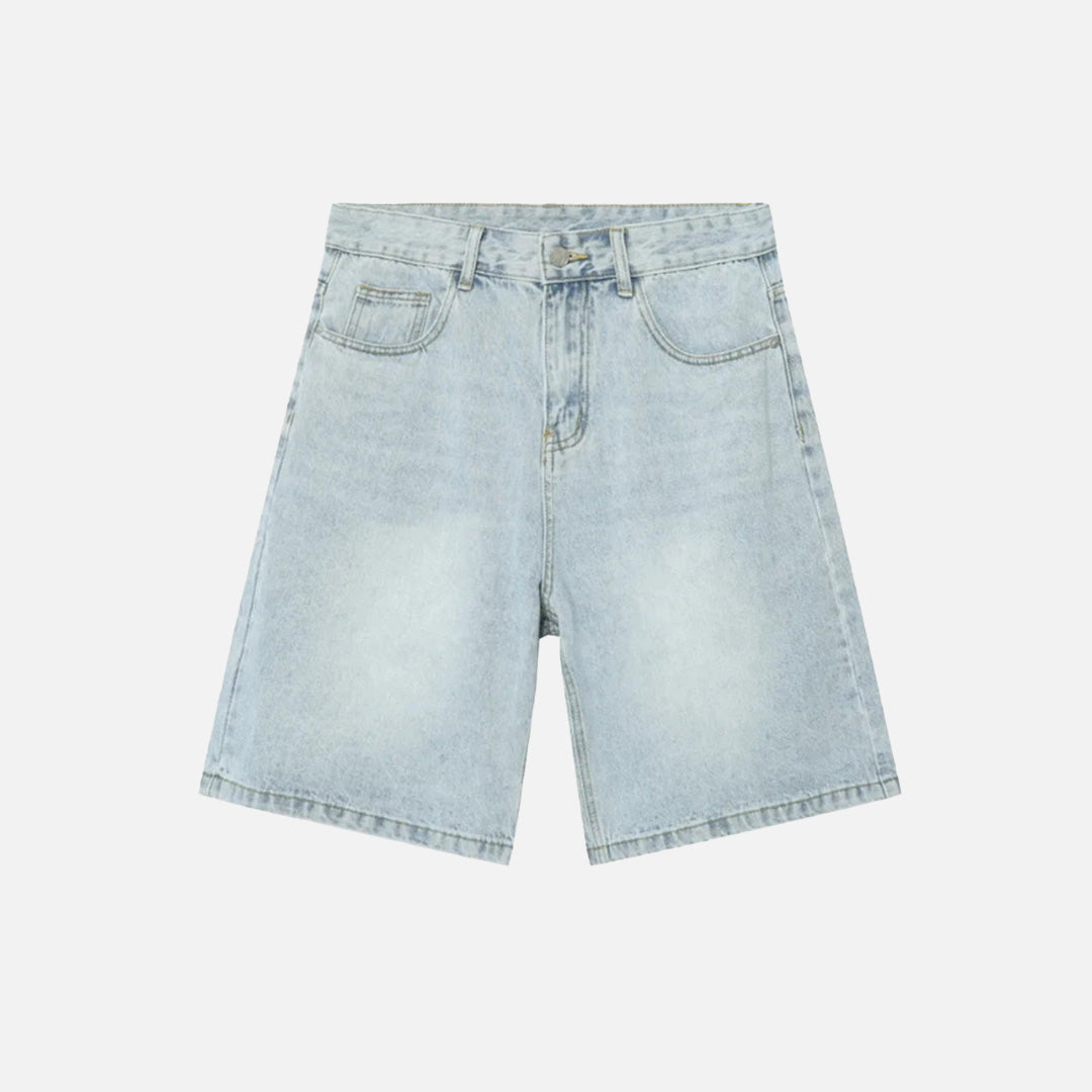 Front view of the light blue Retro Chic Denim Shorts in a gray background