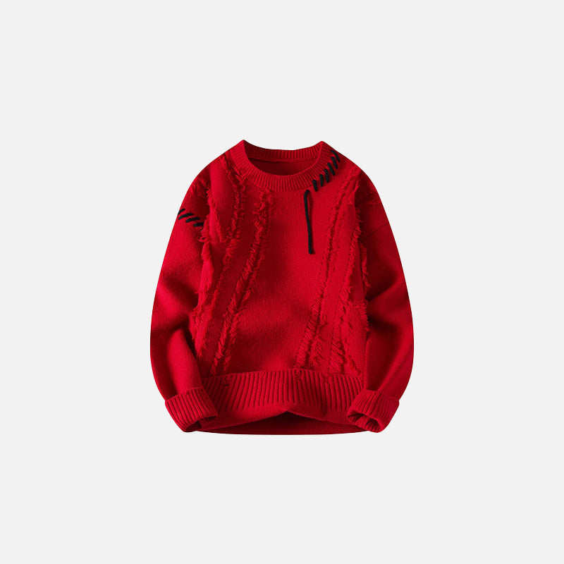 Front view of the red Ripped Stitch Sweater in a gray background