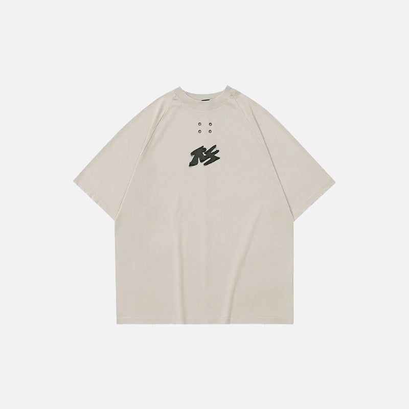 Front view of the beige Sleek Mono Logo T-shirt in a gray background