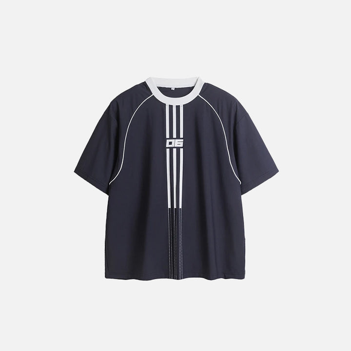 Front view of the dark blue Retro Raglan Striped T-shirt in a gray background