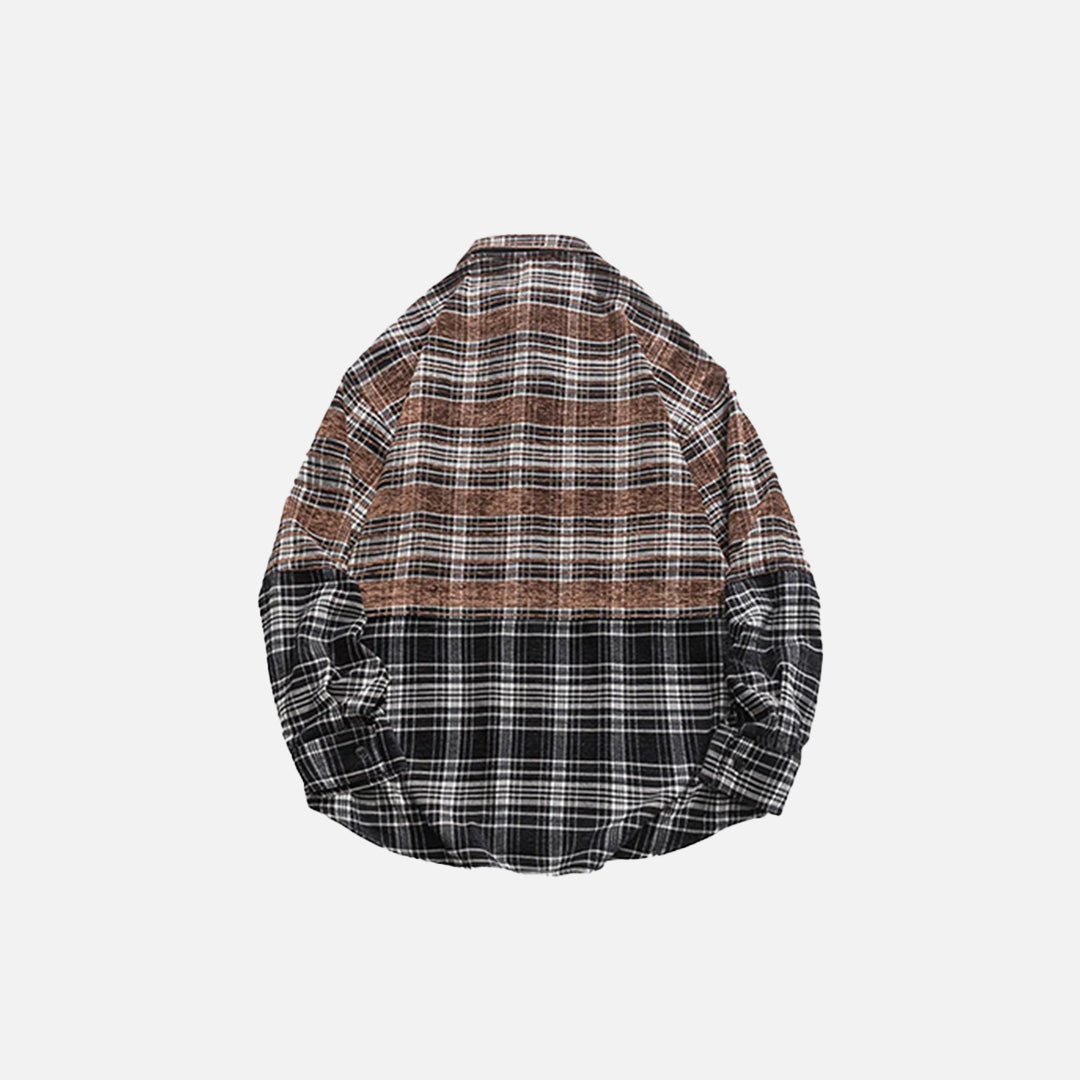 Back view of the khaki Urban Plaid Shirt in a gray background