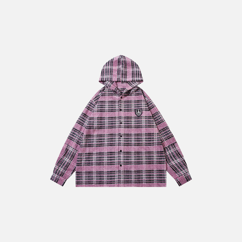 Front view of the pink Plaid Hooded Button-Up Shirt in a gray background