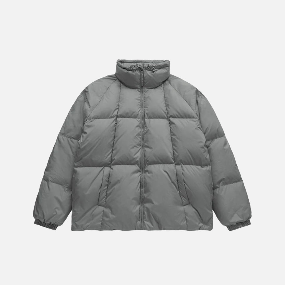 Front view of the grey High-Neck Puffer Jacket in a gray background