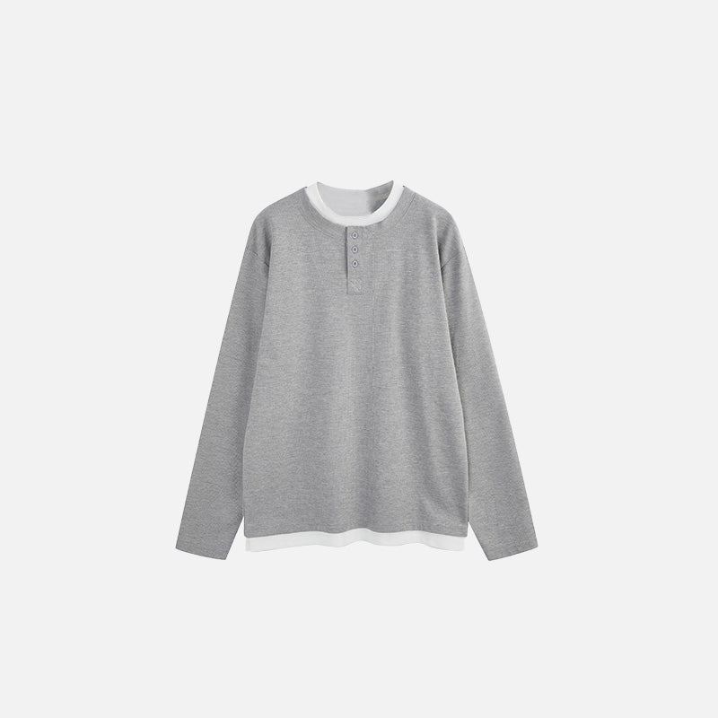 Front view of the gray Classic Crew Neck Henley T-shirt in a gray background