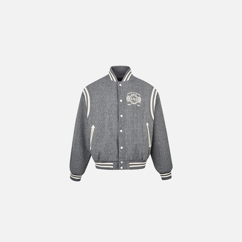 Front view of the grey Classic Varsity Jacket in a gray background