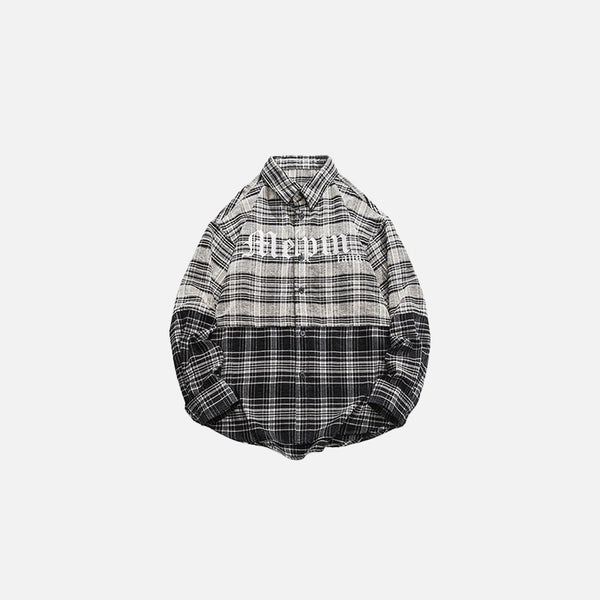 Front view of the beige Urban Plaid Shirt in a gray background