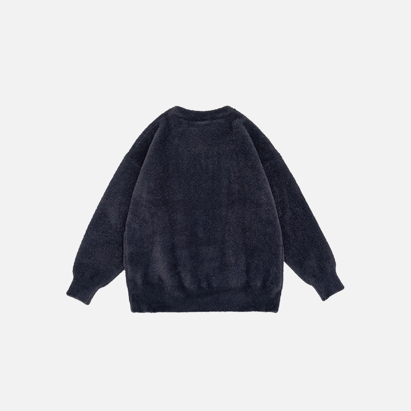 Back view of the navy blue Classic Cozy Knit Sweatshirt in a gray background