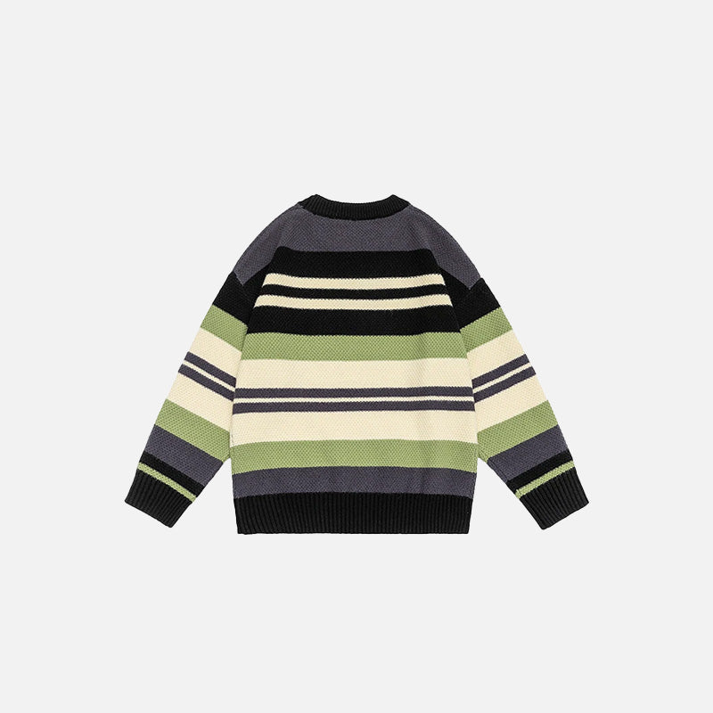 Back view of the green Retro Multi-Stripe Sweatshirt in a gray background