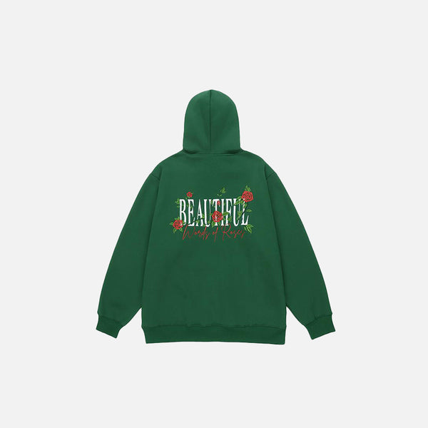 Back view of the green Beautiful Rose Loose Hoodie in a gray background 