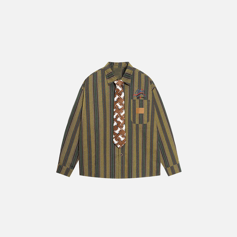 Front view of the brown Striped Tie Accent Shirt in a gray background