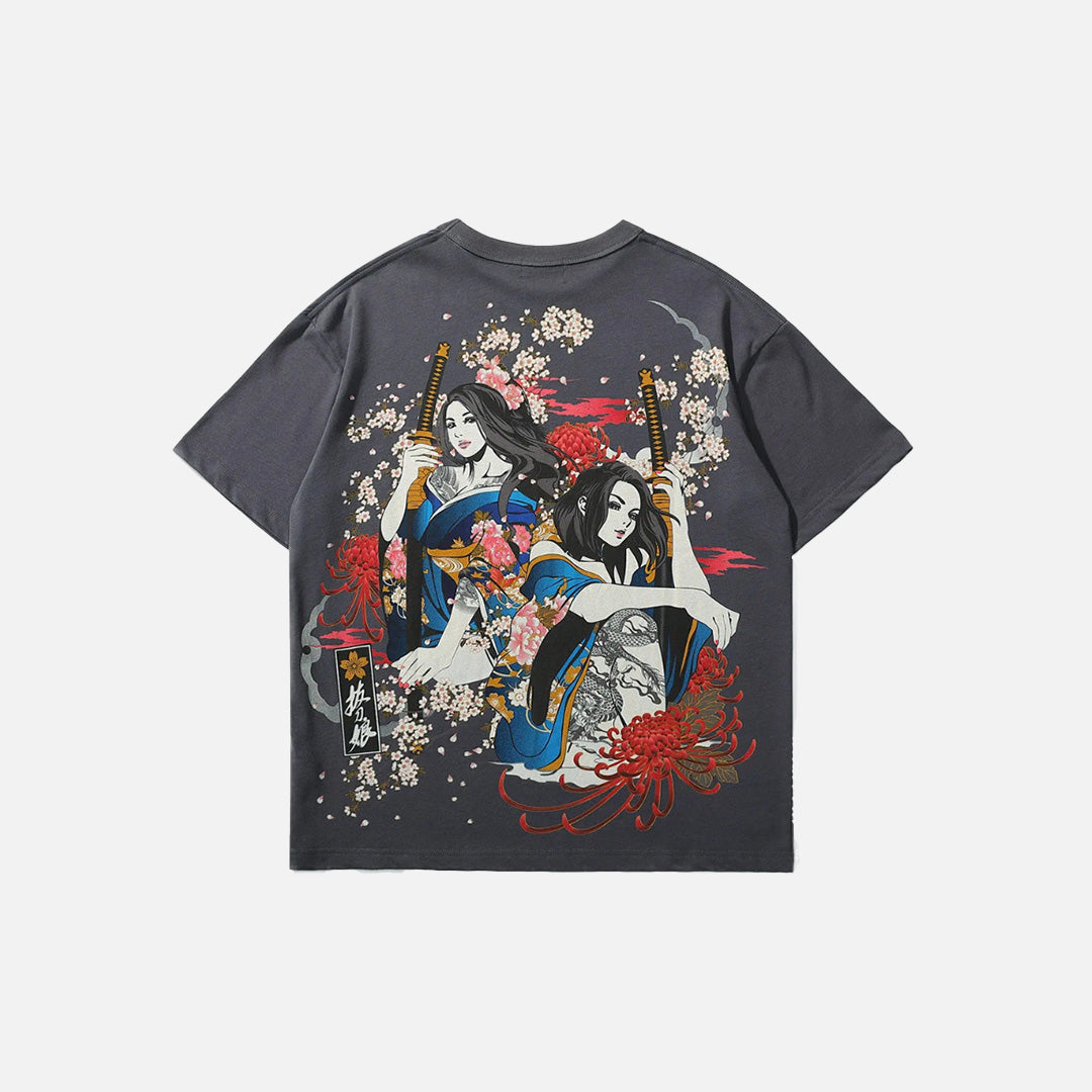 Back view of the gray Samurai Spirits With Blossoms T-shirt in a gray background