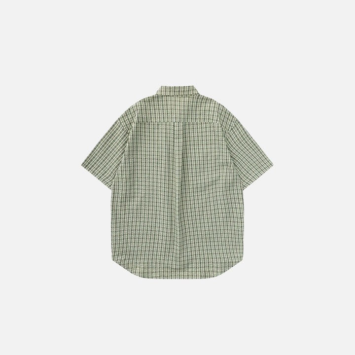 Back view of the green Plaid Reversible short Sleeve Shirt in a gray background