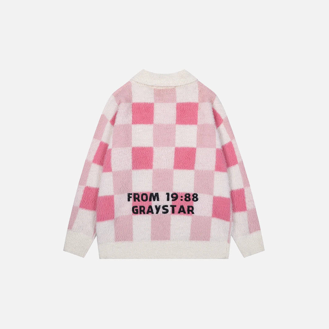 Back view of the pink Y2K Graystar Grid Sweater in a gray background