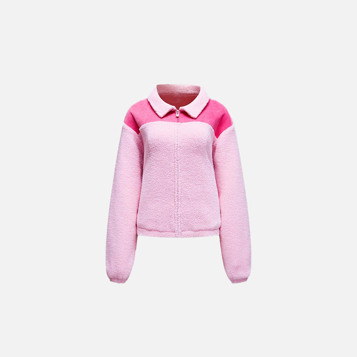 Front view of the pink Cozy Women's Plush Jacket in a gray background