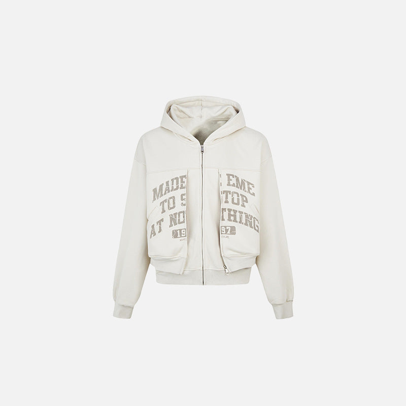 Front view of the apricot Motivational Zip-Up Hoodie in a gray background