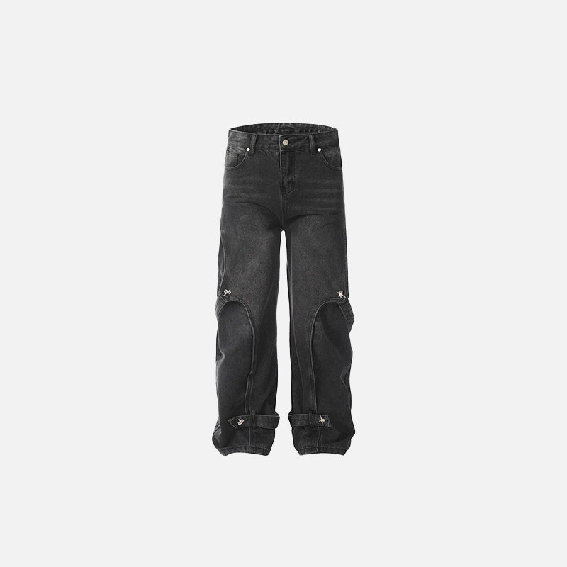 Front view of the black Adjustable Strap Utility Jeans in a gray background