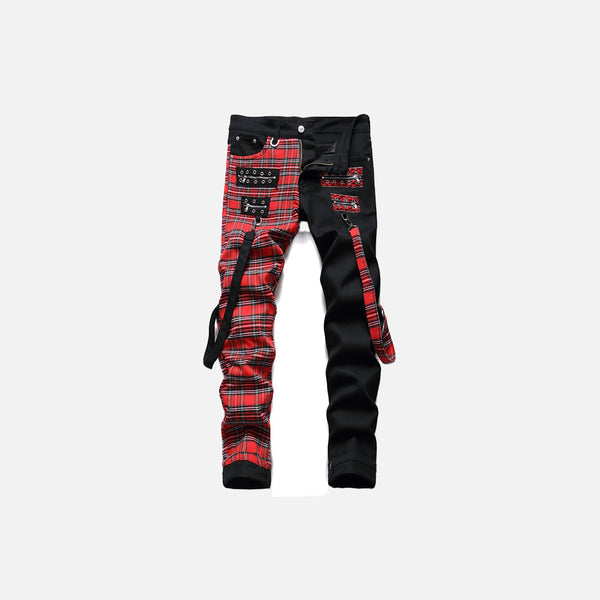 Red Patchwork Slim Denim Pants