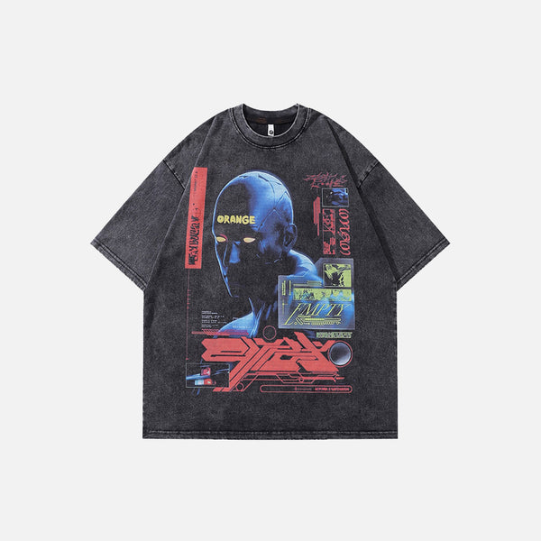 AI Robot Graphic Washed Black T-shirt