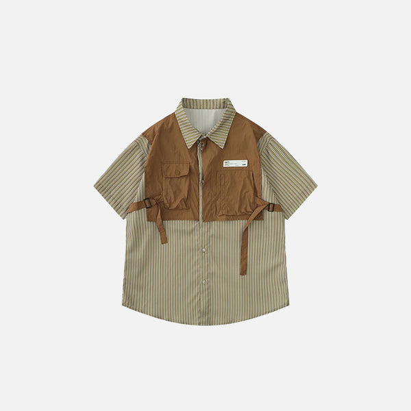 Front view of the khaki Stripe Color Blocking Shirt in a gray background 