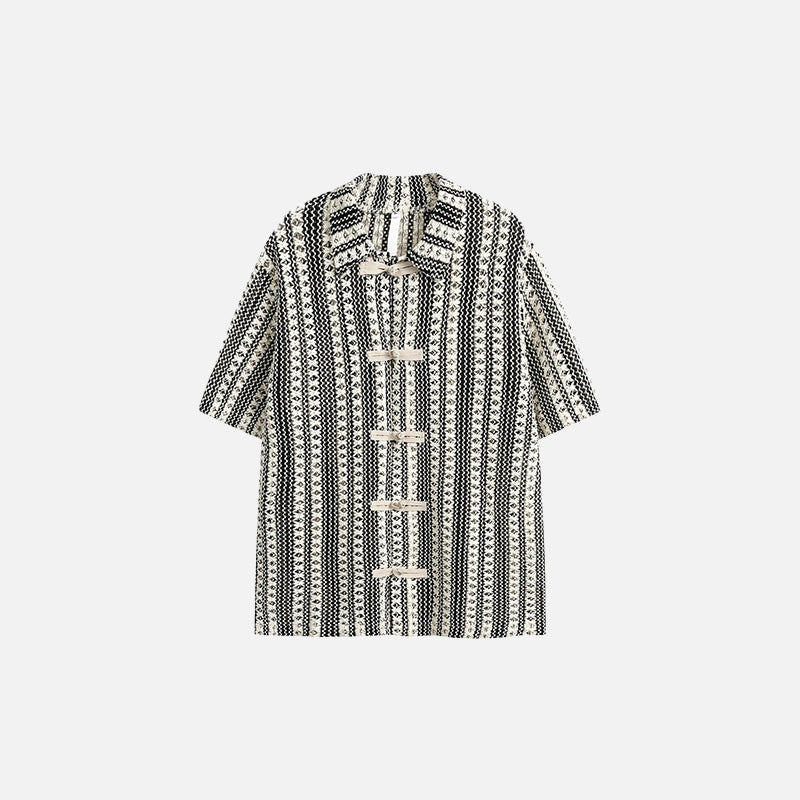 Front view of the black Vintage Striped Women's Shirt in a gray background