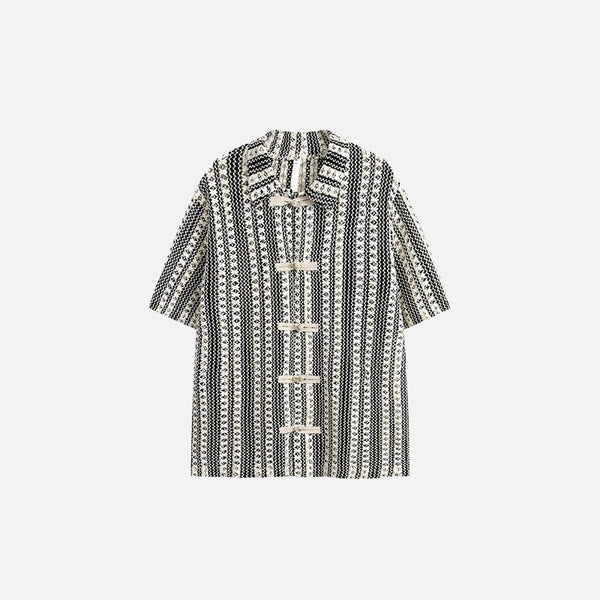 Front view of the black Vintage Striped Women's Shirt in a gray background